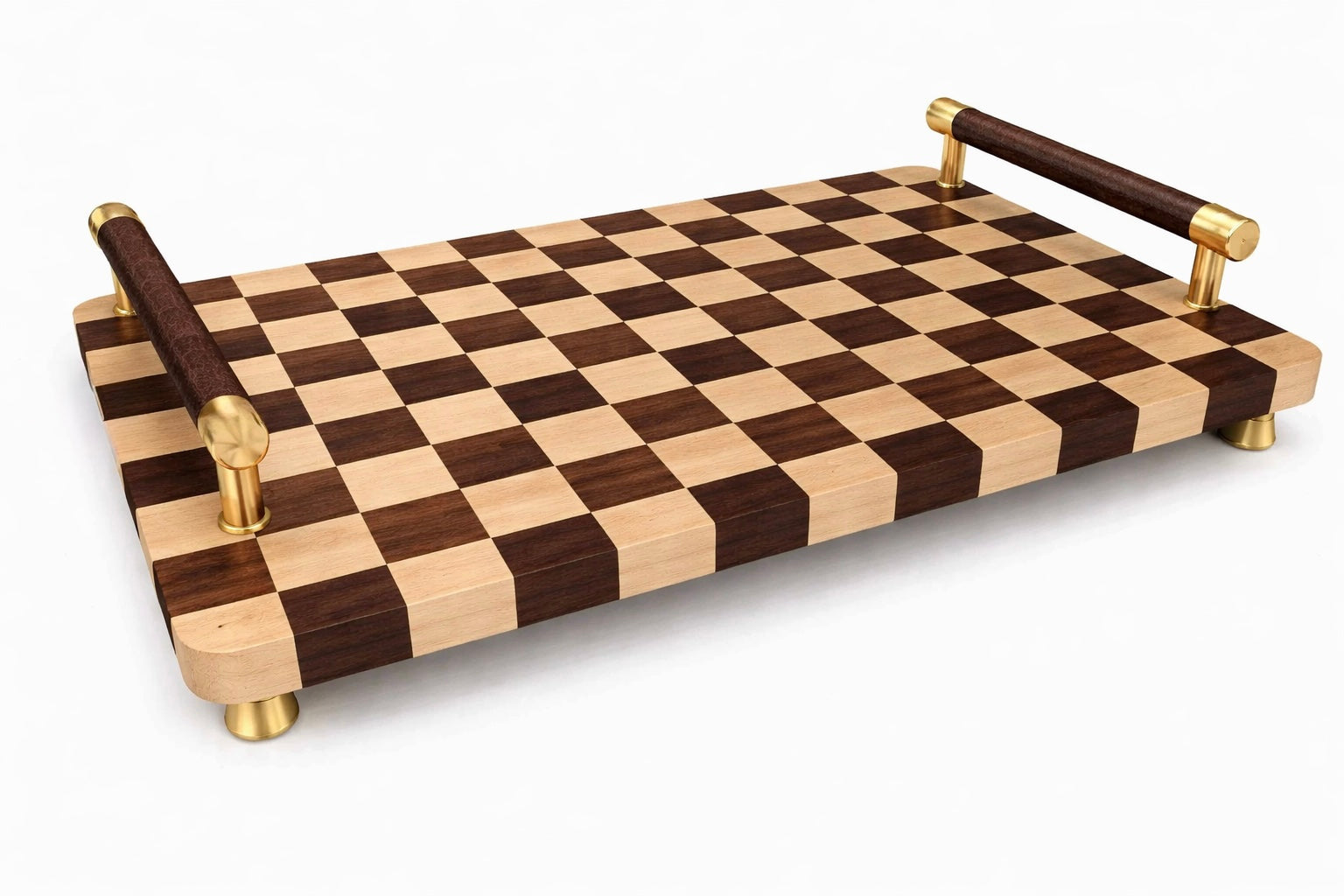 Luxury Checkerboard Charcuterie & Serving Board with Leather Handles