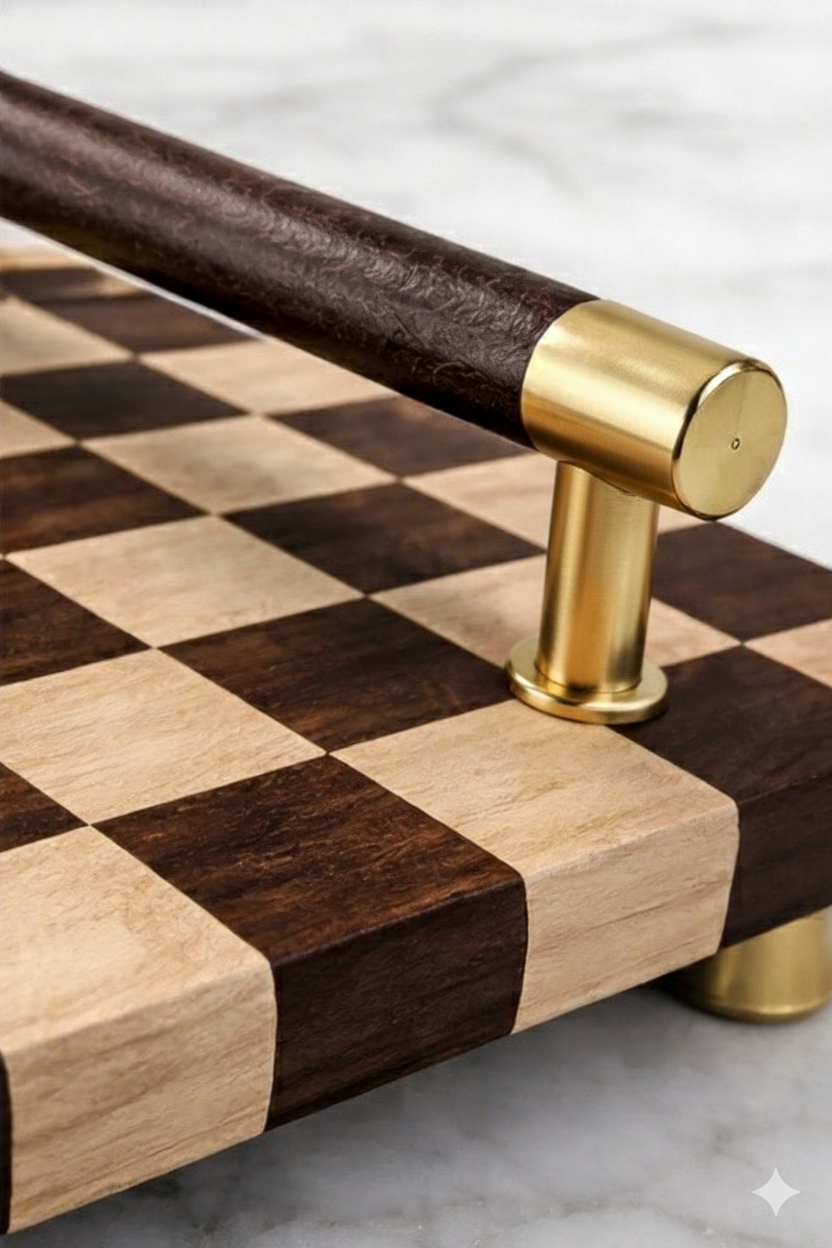 Luxury Checkerboard Charcuterie & Serving Board with Leather Handles