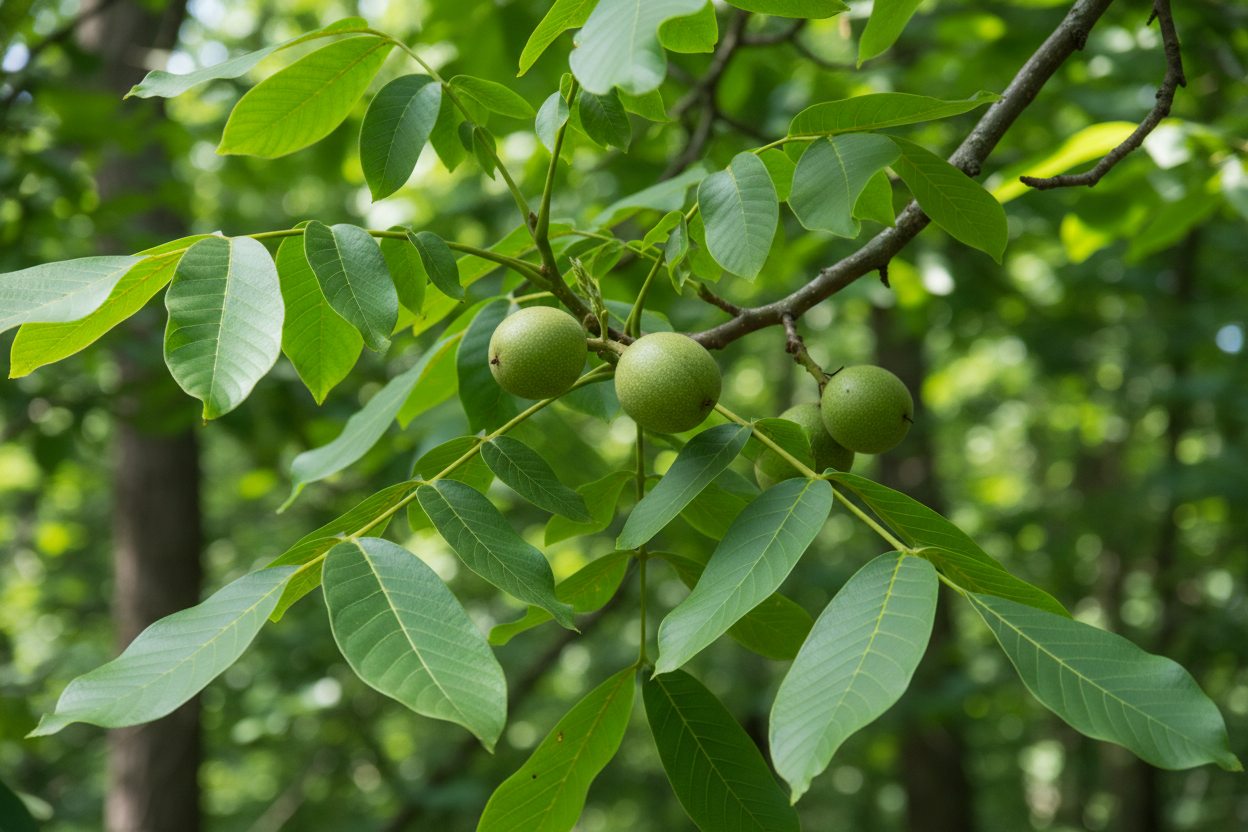 walnut leaves with walnuts